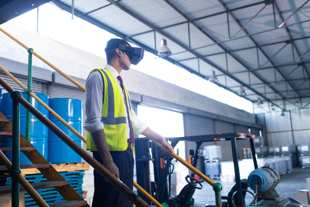 Construction worker in a VR headset